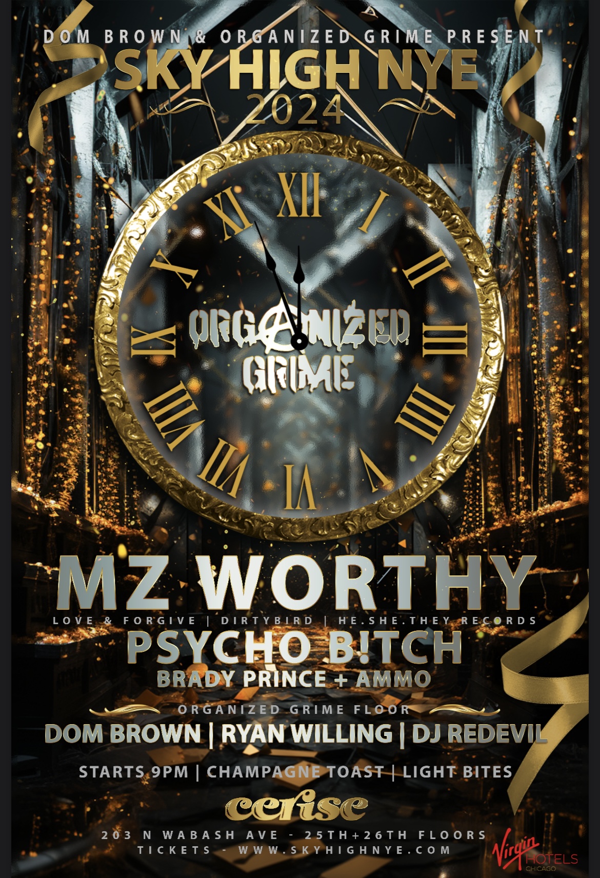SKY HIGH NYE 2024 event flyer for 2023-12-31 at CERISE ROOFTOP, VIRGIN HOTEL CHICAGO